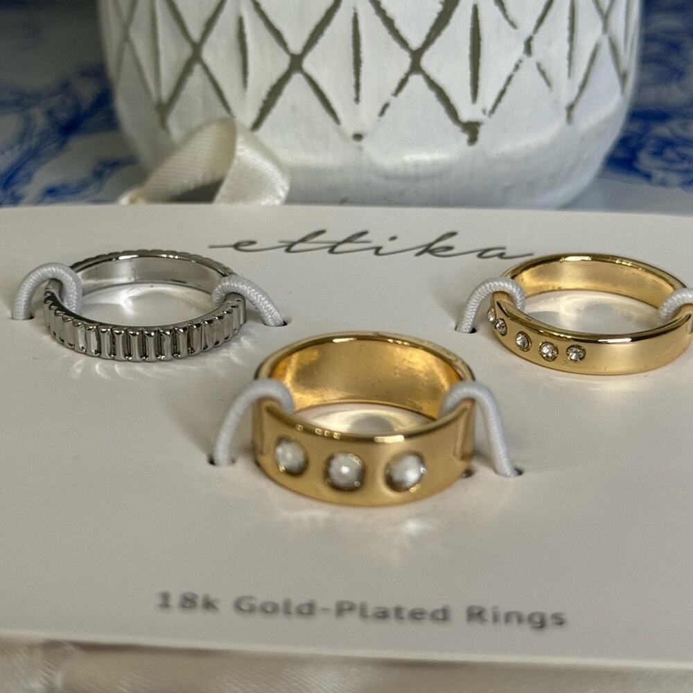 New ~ ETTIKA ( Revolve ) Diamond Detail Ring Set (3) 18k Gold plated ~